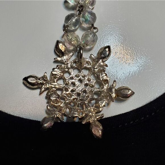 Silver Tone & Clear Bead Snowflake Necklace - Picture 4 of 5